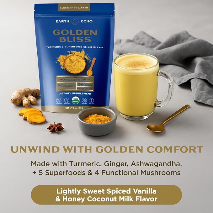 Earth Echo Revitalizing & Nightcap Bundle - Hydrolyzed Collagen with Vitamin C & Hyaluronic Acid for Radiant Skin - Organic Golden Milk Powder with Ginger for Restful Sleep - 1 Pack Each