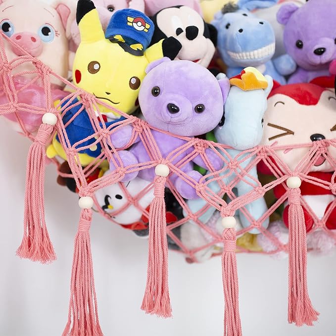 Stuffed Animal Net or Hammock for Corner Macrame Toy Display Plush Toy Storage Net Corner Hanging Mesh-Pink