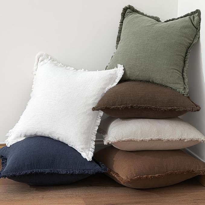 MIULEE Linen Fringe Decorative Euro Pillow Covers Chocolate Brown 22x22 | Set of 2, Cottagecore Decor, Boho Farmhouse Neutral Throw Pillow Covers, Rustic Fall Couch Cushions for Sofa Bed Living Room