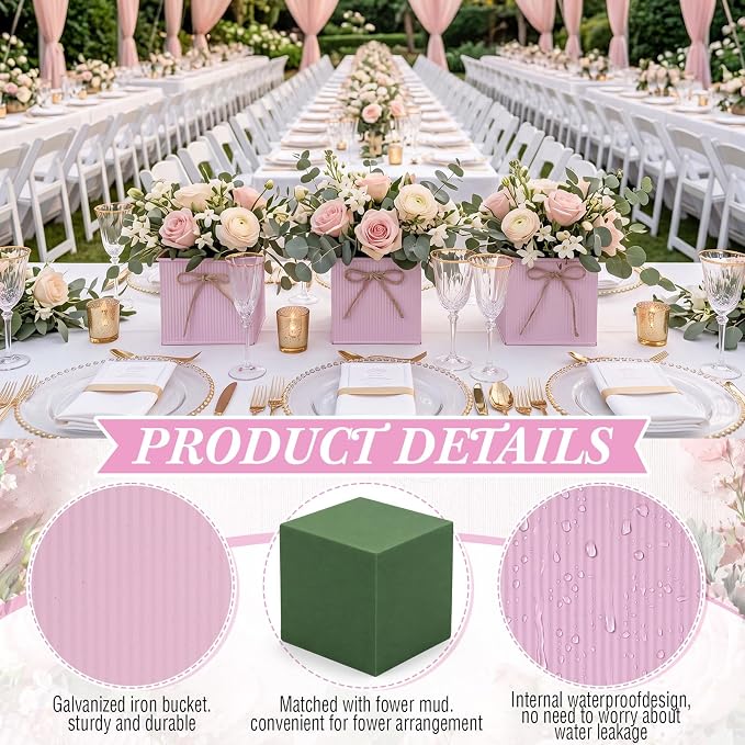 12 Pack Galvanized Square Vases with Floral Foam, 3.5 inch Waterproof Rustic Tin Buckets with Twine Bows, Mini Farmhouse Metal Planter Centerpieces for Wedding Party Table Decor(Pink)