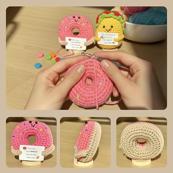 3-PCS | Food Fiesta Crochet Set | Taco Donut Burger Positive Plush | Handmade Emotional Stuffed Figures with Wooden Base & Inspirational Cards | Kitchen Festive Desk Ornaments for Teens Adults