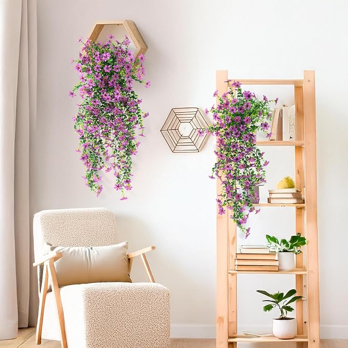 INQCMY Artificial Fake Hanging Flowers Plants for Outdoor Spring Decoration | 2 PCS Faux Silk Daisy with Eucalyptus Leaves,UV Resistant Look Real for Outside Home Planter Porch Patio Balcony Yard Decor