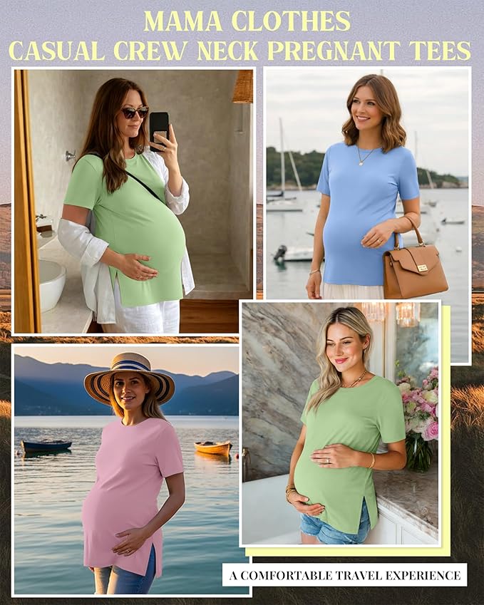 Ficerd 3 Pack Women's Maternity T Shirts, Short Sleeve Side Split Pregnancy Tops Casual Crew Neck Pregnant Tees Mama Clothes