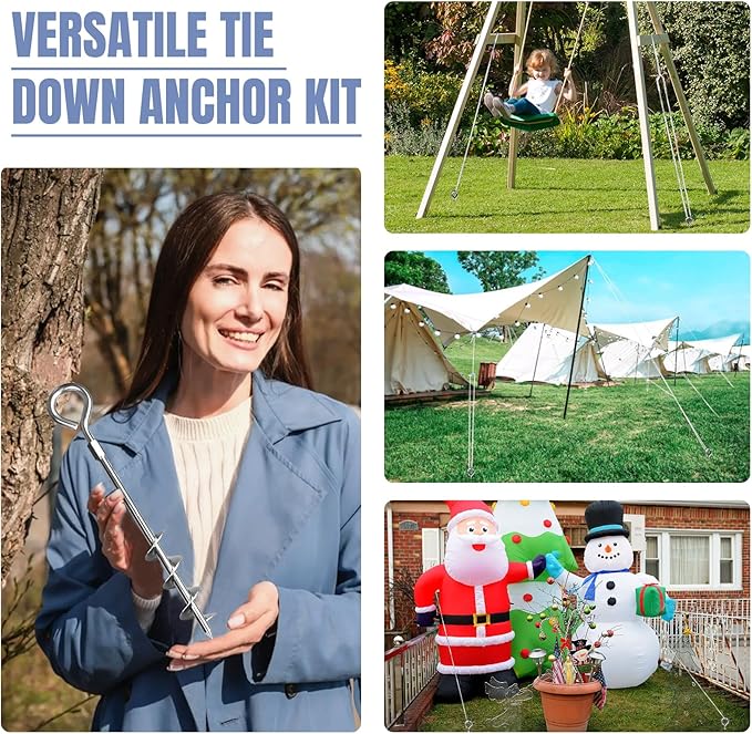 Eurmax USA 4 Pack Heavy Duty Ground Stakes&Anchors,Commercial Spiral Screw-in Trampoline Stakes with Reinforced Tie-Down Straps,High Wind Stabilizing Kit for Canopies,Outdoor Sheds,Swing Sets(Silver)
