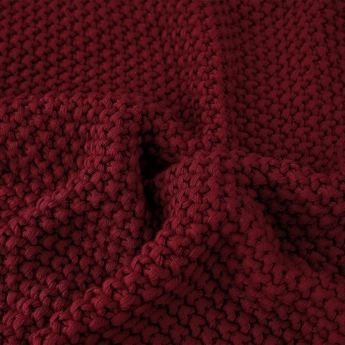 Chunky Cable Knit Throw Blanket Lightweight Burgundy 100% Organic Cotton Blanket for Sofa Couch Bed Baby Nursery, Rustic Shabby Chic Modern Farmhouse, 51” x 63” Give Laundering Bag