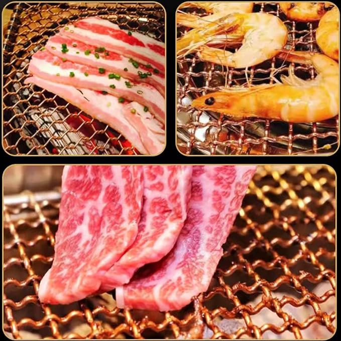 Copper Barbecue Grill Netting with Handle Round Barbecue Wire Mesh Steaming Cooling Baking Net for Korean BBQ