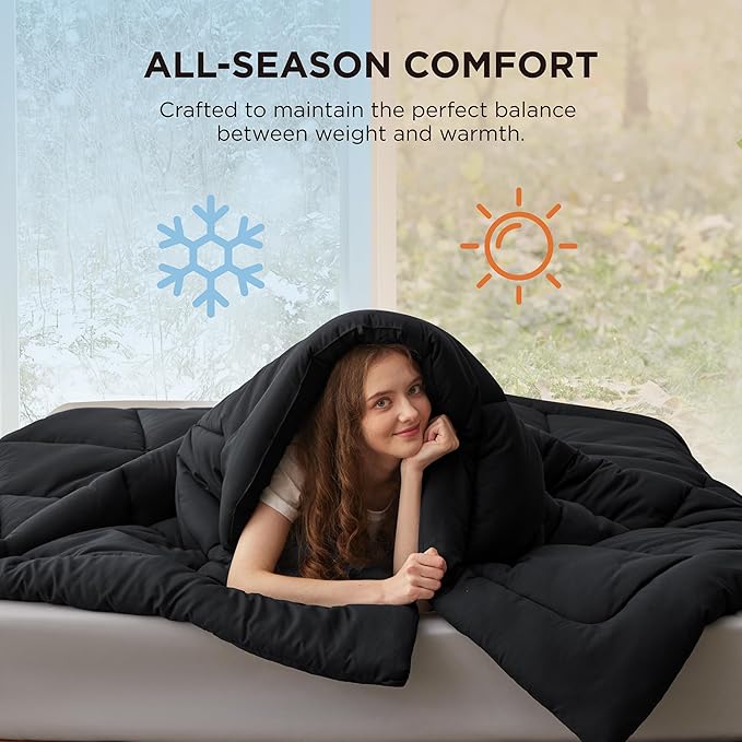 Bedsure Comforter Duvet Insert - Quilted Comforters Queen Size, All Season Duvet, GentleSoft Down Alternative Bedding, with 8 Tabs, Gifts for Women/Men, Black, Queen 88 x 88 Inches