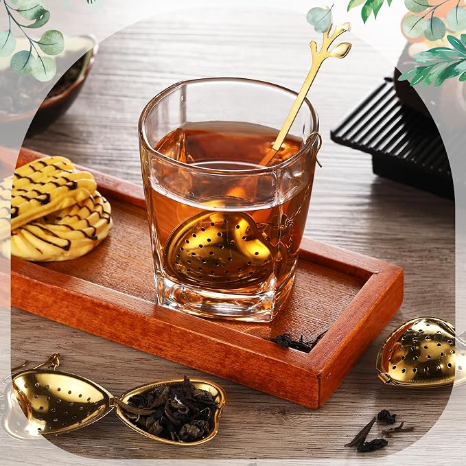 25 Sets Bridal Shower Tea Party Favor for Guest Leaf Tea Spoon Heart Shape Infuser Ball for Loose with Thank You Card Organza Bag Wedding Souvenir Gift(Gold)