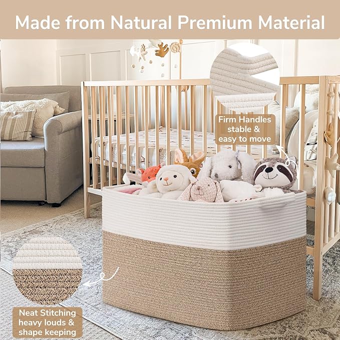 Goodpick 105L Extra Large Woven Rope Blanket Basket, White & Light Brown | 25'' x 16'' x 16'' Storage Basket for Blankets, Toys & Pillows, Living Room & Bedroom Organization, Reinforced Handles