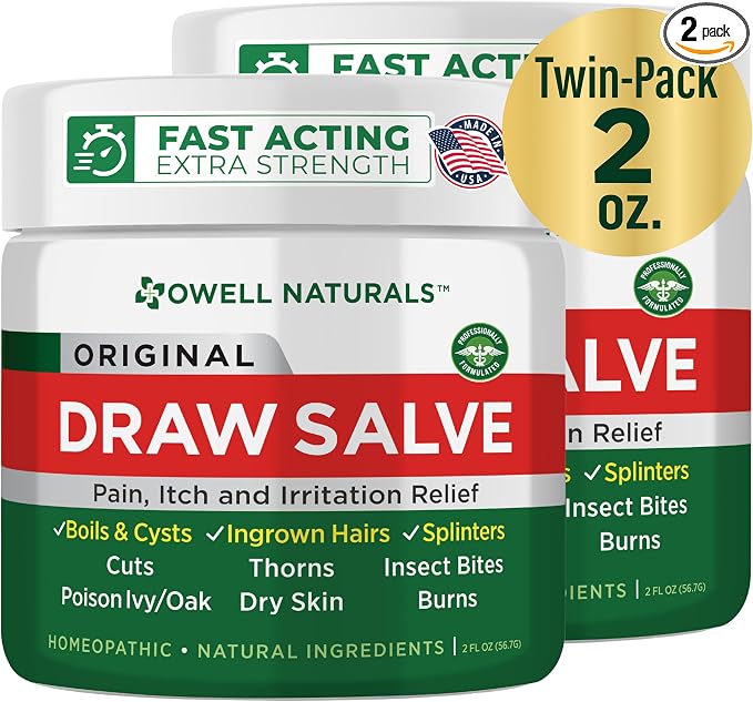 OWELL NATURALS Drawing Salve Ointment for Boil & Cyst Removal, Deep Ingrown Hair, Splinter Remover, Bug Spider Bites, Bee Sting, Mosquito Itching, Poison Ivy, 2 fl Oz (Pack of 2)
