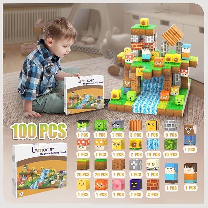 Magnetic Blocks Building Toys for Kids, 100PCS 1inch Magnet Cubes with Zombie Theme, Stacking Magnet Construction Tiles Toy Birthday Gifts for Boys Girls Age 3+ Years Old.