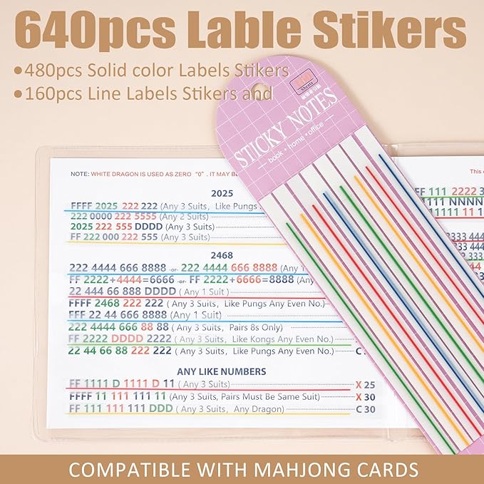 640 pcs Mahjong Card Line Finder Highlighter Tape, Mahjong Line Highlighter Stripe, Transparent Sticky Card Markers Tabs, Mahjong Game Rule Reader, Reusable & No Adhesive Residue (Solid color + Lines)