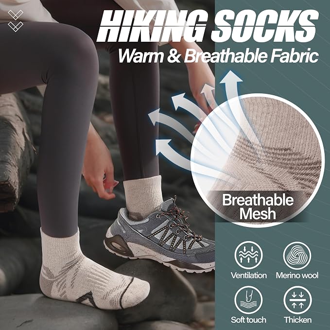 ANTSANG 6 Pairs Merino Wool Quarter Ankle Hiking Running Socks Compression Thermal Thick Cushion Socks for Women Men