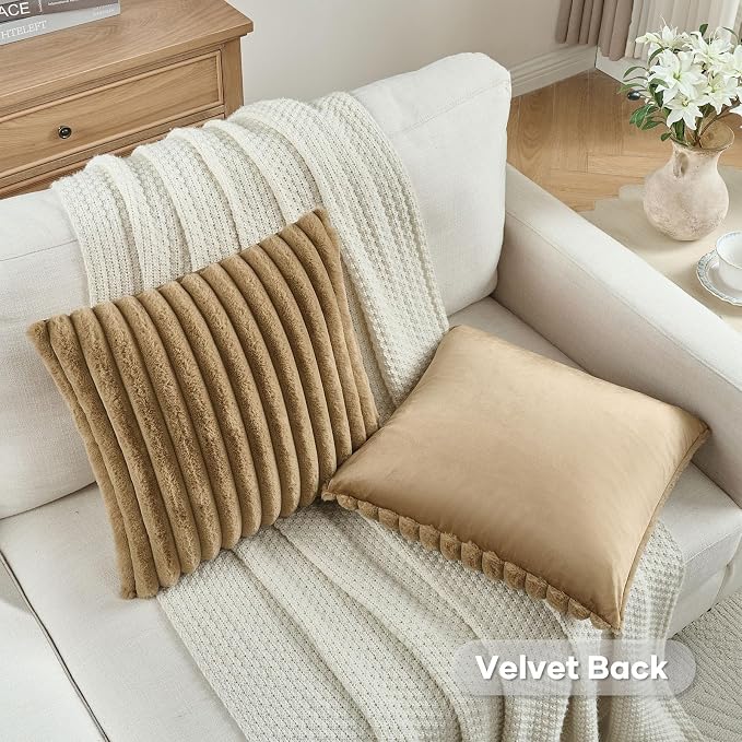 FUTEI Pack of 2 Faux Fur Throw Pillow Covers 28x28 Inch, Camel | Fluffy Faux Rabbit Fur Front/Premium Velvet Back,Hidden Zipper,Machine Washable,Non-Shedding,Colorfast,Insert Not Included.