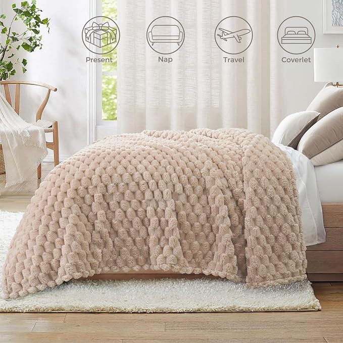 Whale Flotilla Soft Fleece Queen Size Bed Blanket Luxury 3D Jacquard, Camel | Lightweight Breathable Coverlet Bedspread for All Seasons, Super Cozy Plush Fluffy Fuzzy Decorative Blanket for Bed, 90"x90"
