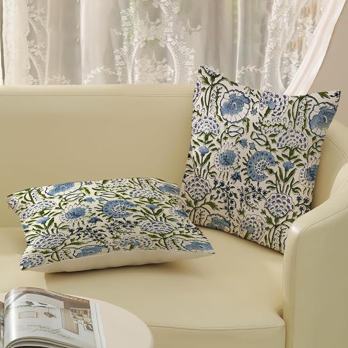 Boho Navy Blue Pillow Covers 16x16 Inch Set of 2 Blue Sage Green Floral Throw Pillows Vintage Flower Outdoor Decorative Pillow Cases Farmhouse Linen Cushion Cover Decor for Couch Sofa Decor