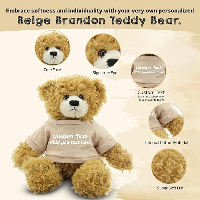Customized Beige Brandon Bear - 12 inch Personalized Stuffed Bear Plush Toy - Perfect Custom Shirt Bear Gift for Graduation Valentines Graduation Easter Holidays (Tan Shirt)