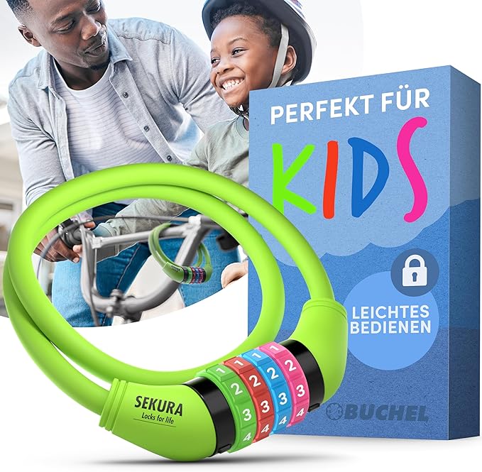 Büchel Bike Locks Cable for Kids - Colorful & Keyless - Secure Your Child's Bike - Easy-to-Use Bicycle Accessory, High Security 5 Digit Resettable Combination Coiling Bicycle Lock, Anti Theft