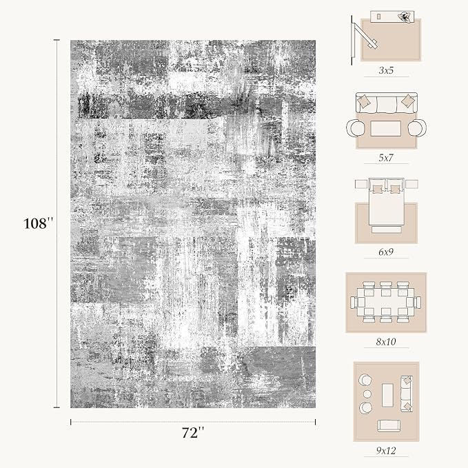 Rugflix 6x9 Area Rugs for Living Room, Washable Grey Large Rug | Machine Washable; Stain-Resistant; Low Pile; Non-Slip; Modern Abstract; Black Carpet for Bedroom Dining Office Nursery Home