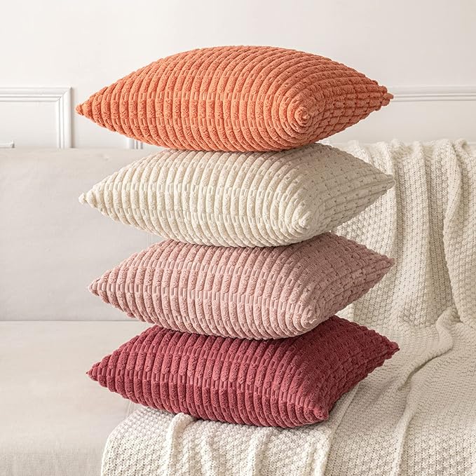 MIULEE Corduroy Decorative Throw Pillow Covers 18x18 Coral Pack of 2 | Soft Boho Striped Pillow Covers Modern Farmhouse Home Decor For Sofa Living Room Couch Bed