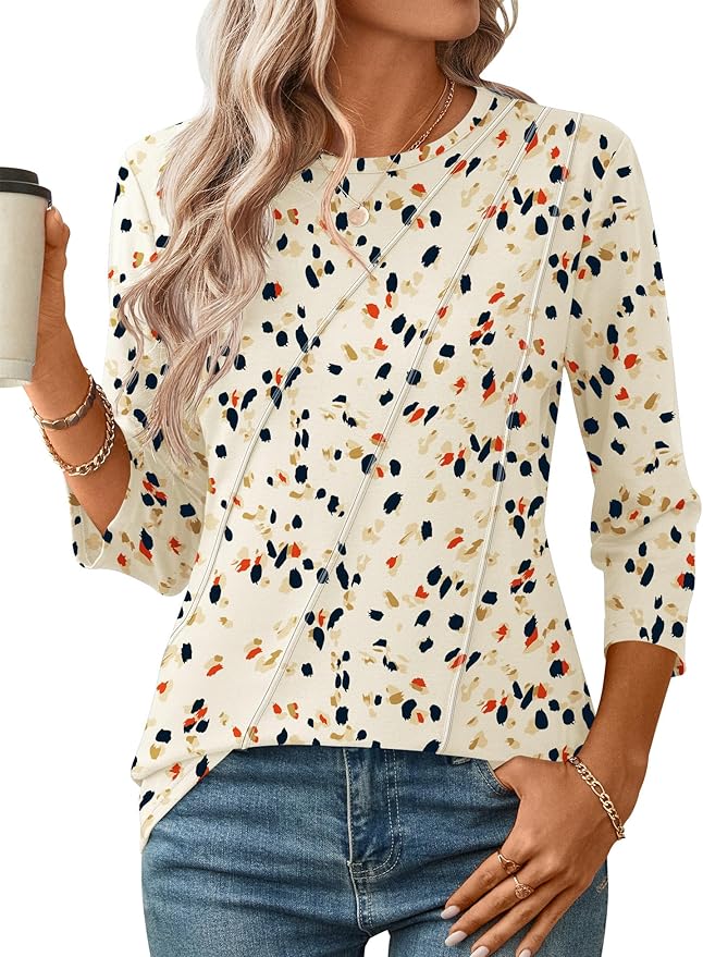 LOMON 3/4 Length Sleeve Womens Tops Spring Summer Fashion 2026 Tops Crew Neck Pleated Shirts Tunic Top Loose Fit