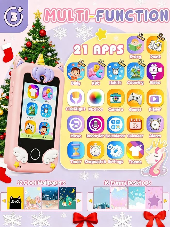 UCIDCI Unicorn Kids Smart Phone Toys for Girls Ages 3-7 with Dual Camera - Toddler Phone with Learning Games, Travel Toys with MP3 Music Player for Christmas, Birthday Gifts for 3 4 5 6 7 Year Old