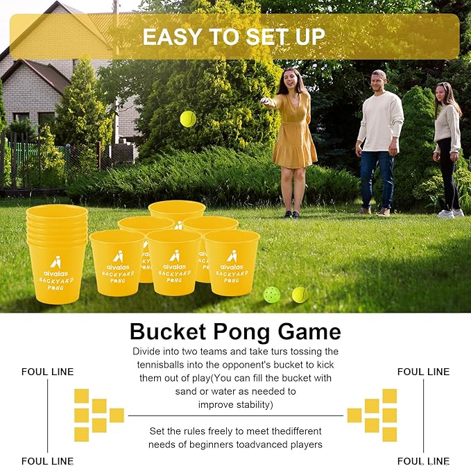 Aivalas Yard Pong Outdoor Games, Giant Yard Games Set with 12 Buckets and Balls for Adults and Family, Toss Game Throwing Games for Beach, Camping, Lawn and Backyard