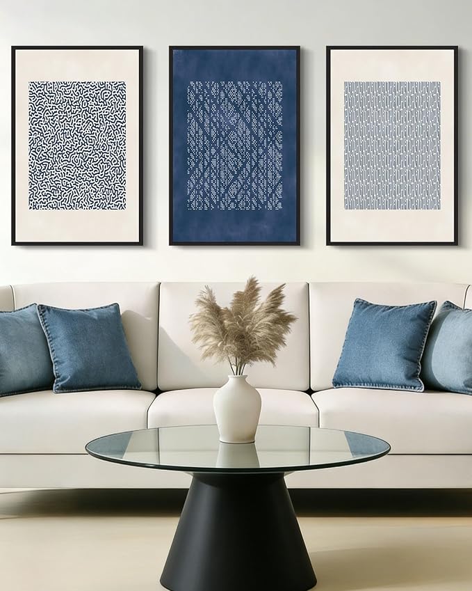 Drsoum Blue Mid-Century Modern Framed Wall Art Large 16x24in Minimalist Abstract Boho Wall Decor Geometric Artwork Kitchen Dining Room Black Framed