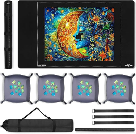 1500 Rubber Puzzle Mat – Create, Sort & Store with a Smooth Black Non-Slip Surface and 4 Trays for Endless Puzzle Fun