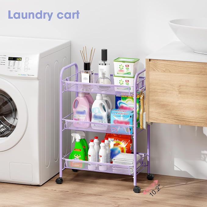 TOOLF 3 Tier Rolling Cart, Metal Utility Storage Cart with Wheels, Purple | 3 Hooks, Screwless Assembly, Trolley Organizer for Bathroom, Kitchen, Office, Nursery, Dorm, Laundry Room