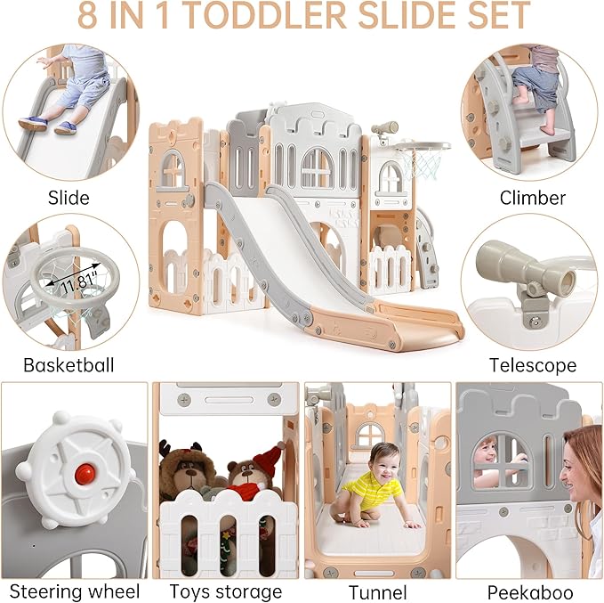 Toddler Slide 8 in 1 Toddler Playset for Toddlers Age 1-3, Baby Playset for Indoor Outdoor Playground with Climber, Crawling Tunnel, Basketball Hoop, Telescope, Toy Storage