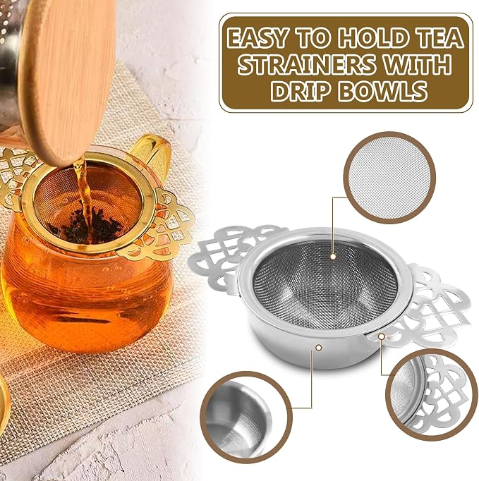 4 Pack Fine Mesh Tea Strainers with Drip Bowls, Stainless Steel Loose Leaf Tea Filter, Double Wing Handles for Mugs & Cups 2.5-4 Inch Mouth, Silver