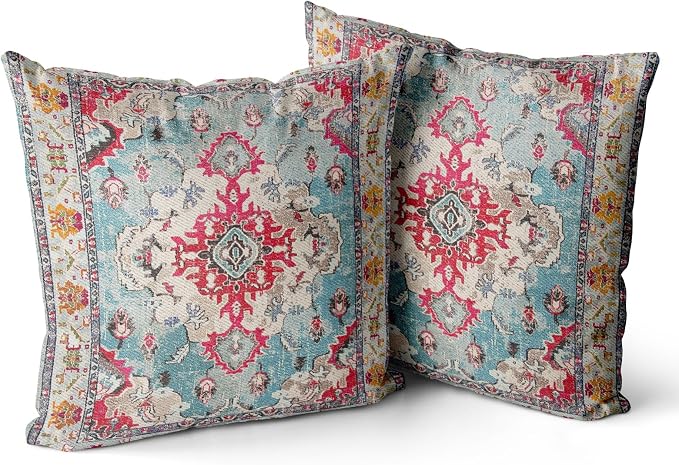 Snycler Boho Throw Pillow Covers 20x20 inch Set of 2 Boho Rug Carpet Double Sided Pattern Cotton Soft Pillow Case Cushion Cover Pillowcase for Couch Sofa Bed Decorative (Rose Red)