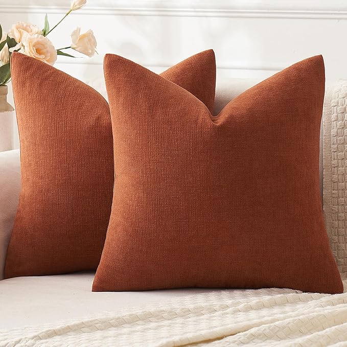 MIULEE Fall Rust Chenille Couch Euro Throw Pillow Covers, 22x22 | Set of 2, Soft Farmhouse Modern Home Decor, Decorative Pillowcases for Sofa Living Room Bed