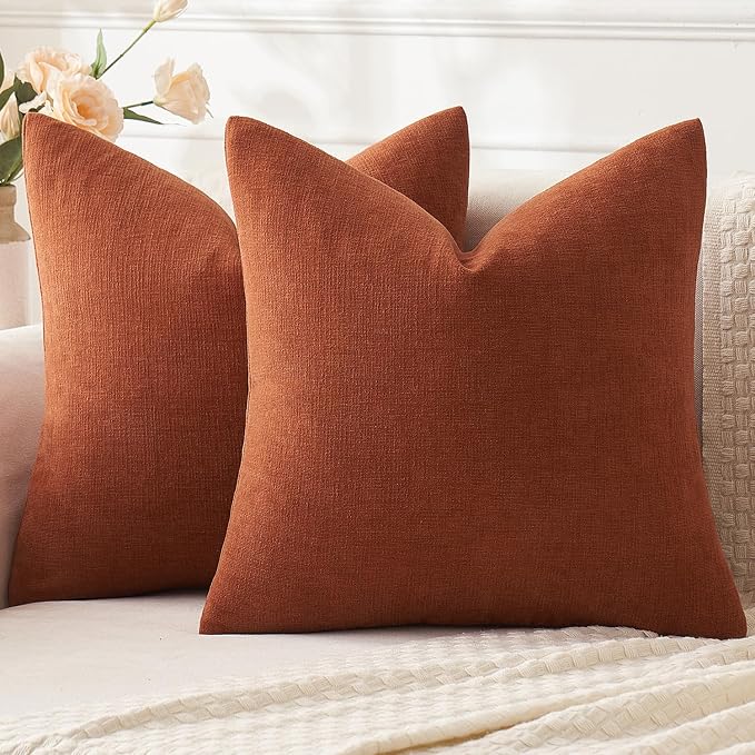 MIULEE Fall Rust Terracotta Chenille Couch Throw Pillow Covers, 20x20 | Set of 2, Soft Farmhouse Modern Home Decor, Decorative Pillowcases for Sofa Living Room Bed