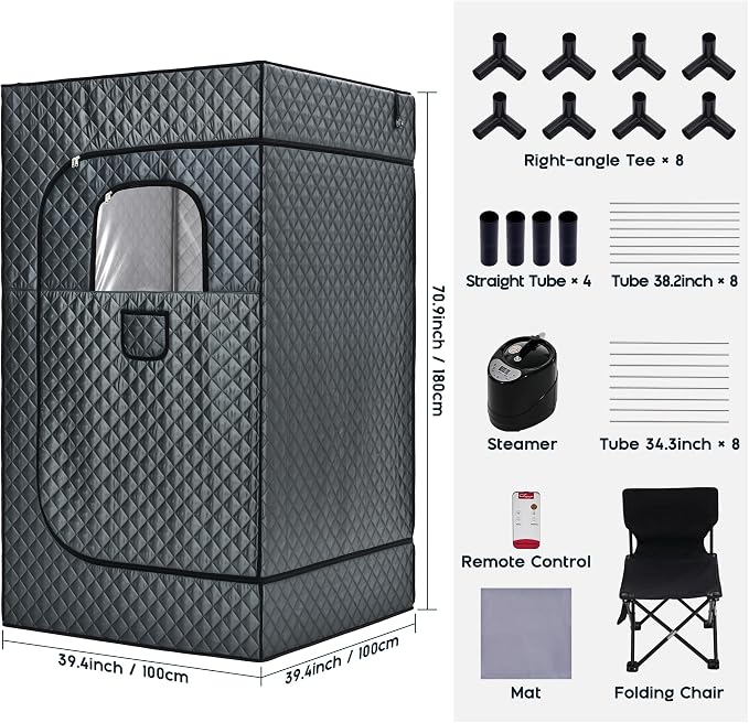 Albott Extra-Large Portable Steam Sauna Box for Home, 39.4"x39.4"x70.9" Full Body Sauna Tent with 3L 1500W Steamer, Remote Control & Folding Chair, Grey