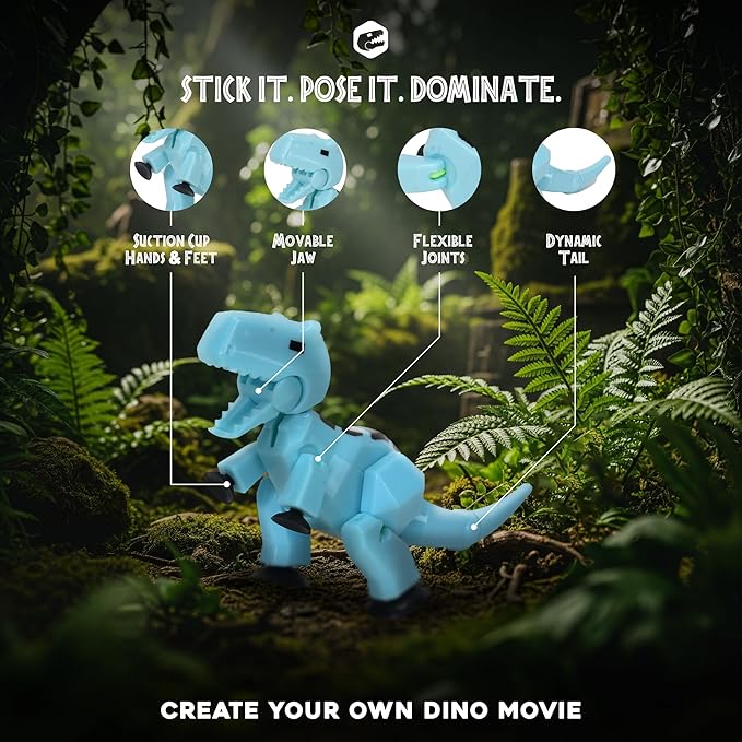 Zing Stikbot MEGA Dino Carnotaurus Single (Ice Blue), 6" Long x 3" Tall StikBot, Create Stop Motion Animation, Age 4+