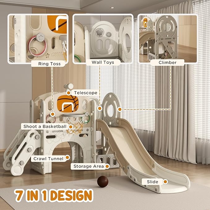 Qaba 7-in-1 Toddler Slide Playset, Kids Slide for Ages 1-6 Years with Ring Toss, Basketball Hoop, Telescope, Indoor Playground with Climber, Storage Space, Crawl Tunnel, Cream White