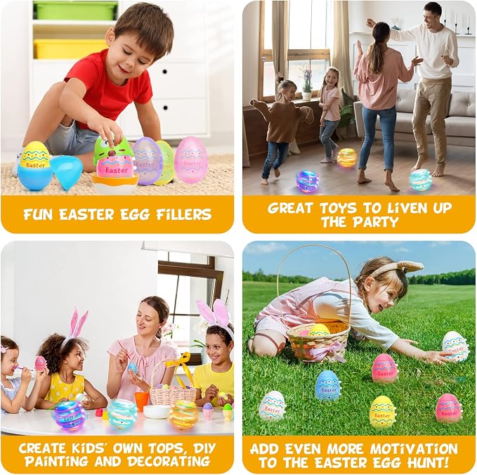 Light Up Easter Eggs Toy Gifts for Kids, 6 Easter Egg Spinning Tops with Flash & Music, Easter Basket Stuffers, Easter Eggs Hunt Prize, Kids Goodie Bag Fillers, Party Favor Novelty Bulk Toys