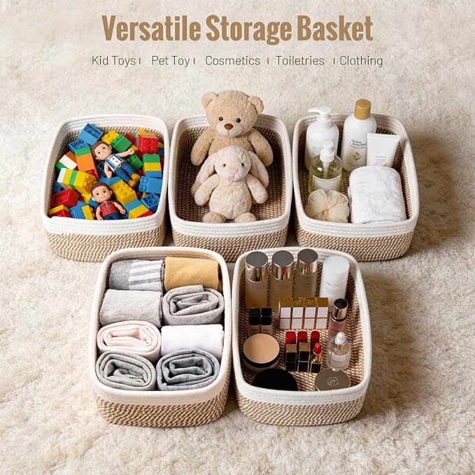 5 Pack Small Woven Storage Baskets for Shelves, Gift Baskets Empty | 11.8"x7.9"x4.7", Decorative Cotton Rope Baskets Organizer, Storage Bins for Organizing Bathroom, Closet, Nursery, Khaki/White