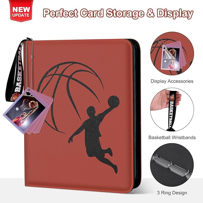 Basketball Card Binder 440 Pocket, Sports Card Binder with Card Display Design, Premium Card Ablums with Sports Pattern Wristband Fit for Basketball Cards 2025-2026