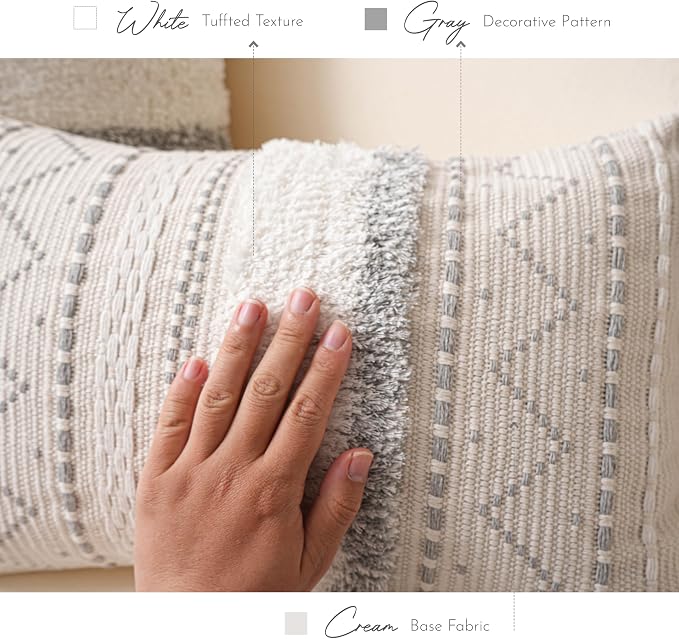 20X20 Throw Pillow Cover, Cream Neutral Square Decorative Cushion Cover with Gray Pattern, Boho Accent Pillowcase with Tufted Details and Tassels for Couch Sofa Living Room (Cover Only)