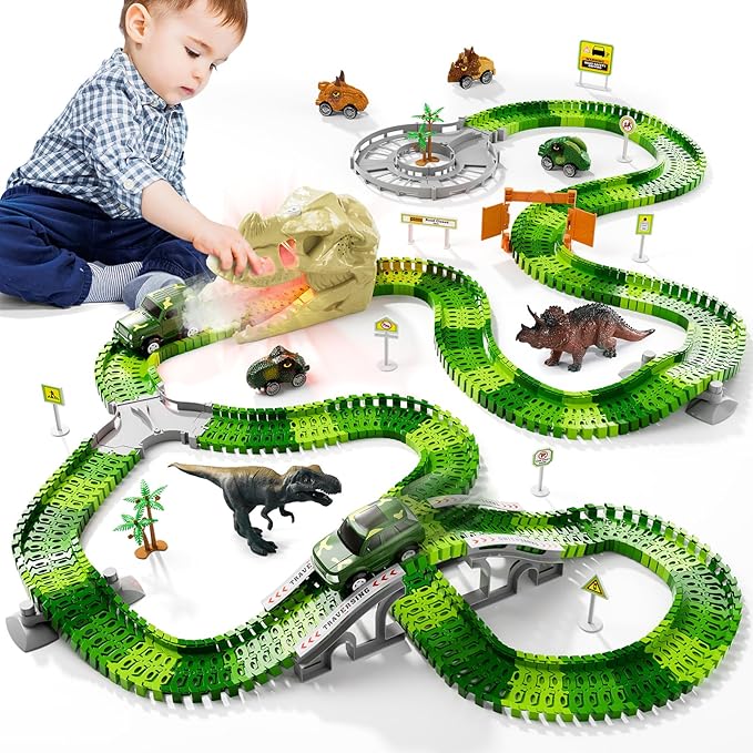 iHaHa 249 PCS Dinosaur Toys Race Car Track, Toys for Kids Toddler Boys Ages 2-4 3-5 4-6, Kids Race Tracks with Light, Sound & Spray, Birthday Dinosaur Gifts for 2 3 4 5 Year Old Boys