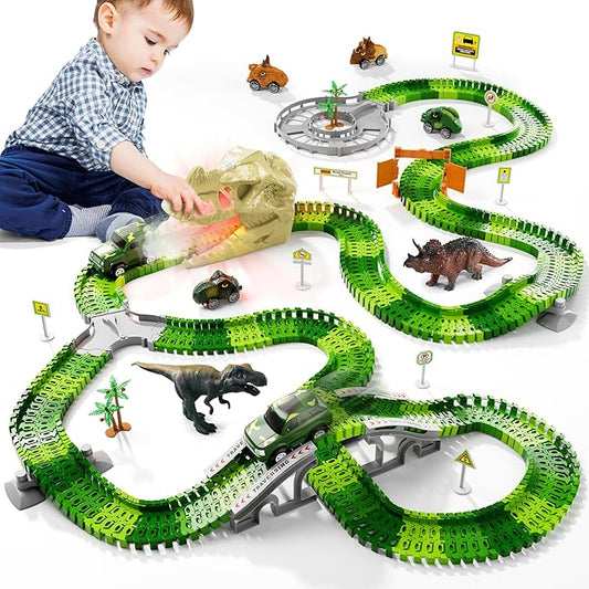 iHaHa 249 PCS Dinosaur Toys Race Car Track, Toys for Kids Toddler Boys Ages 2-4 3-5 4-6, Kids Race Tracks with Light, Sound & Spray, Birthday Dinosaur Gifts for 2 3 4 5 Year Old Boys