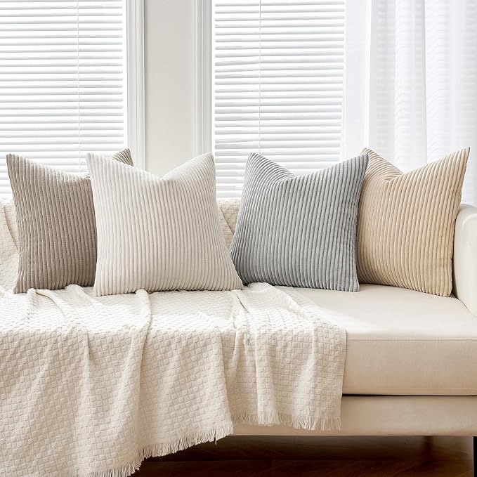 MIULEE Soft Corduroy Decorative Throw Pillow Covers Neutral Tan 18x18 | Set of 4, Mordern Nordic Decor, Cozy Cream Grey Collection, Boho Farmhouse Cushion Covers for Couch Bed Sofa Living Room
