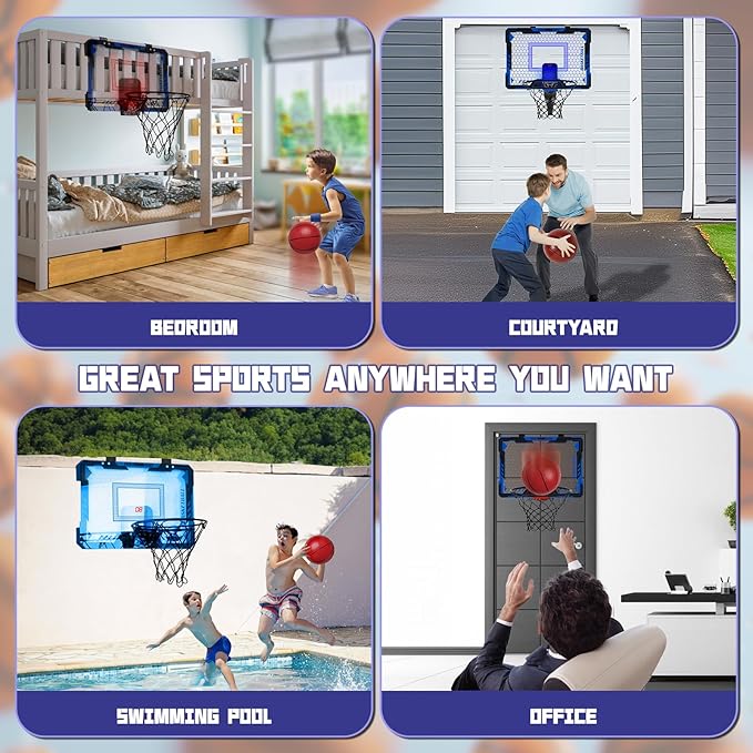 Remote Control Basketball Hoop Indoor for Kids-Over The Door Basketball Hoop with LED Light, Scoreboard, 4 Balls, Air Pump, Bag, Mini Hoop Gift Sport Toy for Boys Girls 3 4 5 6 7 8 9 10 11 12+, Blue