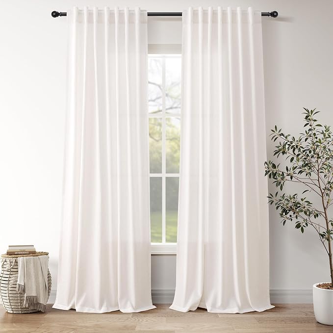 Ivory White Linen Curtains for Living Room 100 Inches Long Light Filtering Semi Sheer Curtain Back Tab Rustic Luxury Neutral Modern Farmhouse Decor Drapes for Bedroom Dinner Room 52x100, 2 Panels