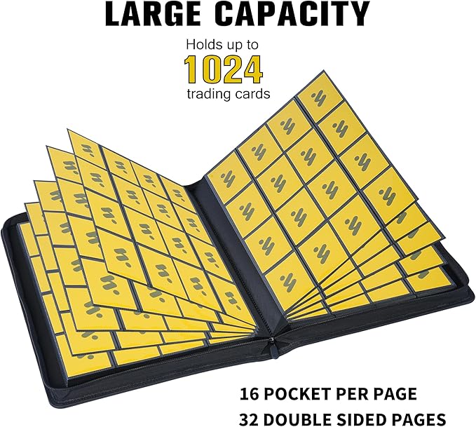 Premium 16 Pocket Trading Card Binder,1024 Card Capacity Card Binder Ringless Design with Zipper Side Loading Trading Card Album Folder for MTG, Sports Cards & TCG - Black