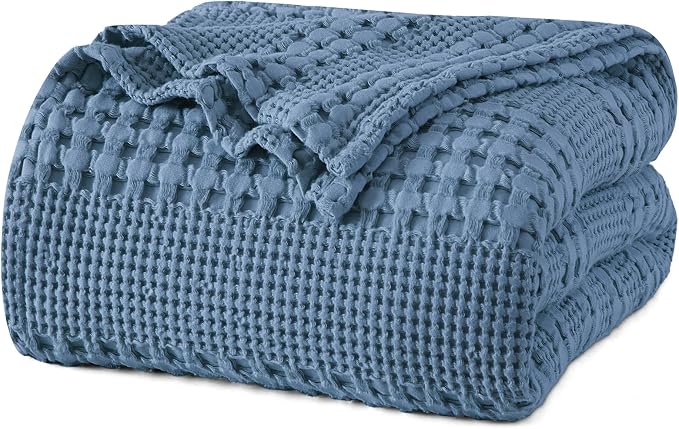 PHF 100% Cotton Waffle Weave Blanket King Size, Lightweight Breathable Summer Blanket for Hot Sleepers, Pre-Washed Soft Layer for Bed, Couch, Home Decor Gift, 108"x90", Denim Blue