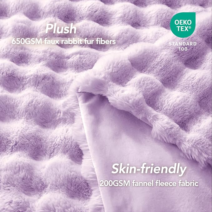 L'AGRATY Faux Rabbit Fur Throw Blanket for Couch, 90'' x 90'', Purple | Soft Cozy Bubble Fluffy Blanket for Sofa Bed, Thick Warm Plush Fuzzy Throw for Room Home Decor, Luxury Gift for Women Mom